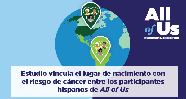 Estudio vincula el lugar de nacimiento y el riesgo de cáncer entre los participantes hispanos de All of Us. Ilustración de un globo que muestra el hemisferio occidental con marcadores de ubicación en América del Norte y América del Sur.